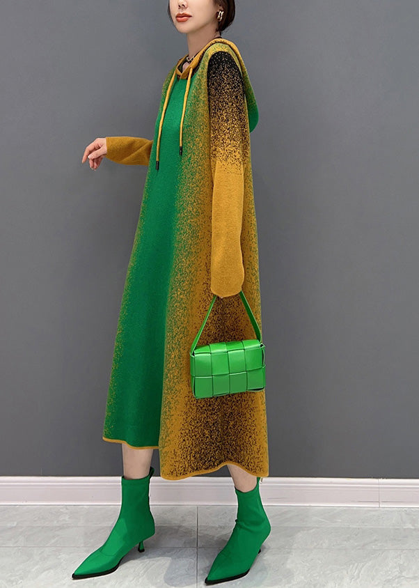 Gradient Color Green Neck Tie Hooded Knit Long Dress Winter