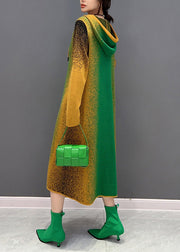 Gradient Color Green Neck Tie Hooded Knit Long Dress Winter