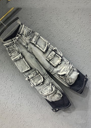 Gradient Color Grey Pockets Patchwork Straight Jeans Fall