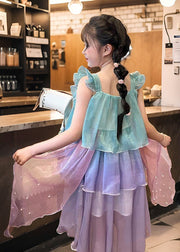 Gradient Color O-Neck Kids Chiffon Maxi Dress Summer