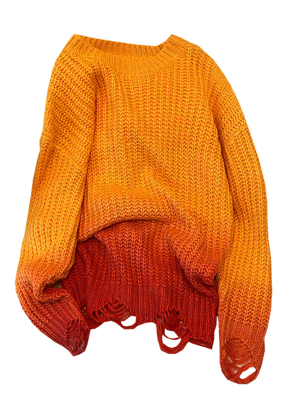 Gradient Color Orange O-Neck Cozy Thick Knit Sweaters Fall