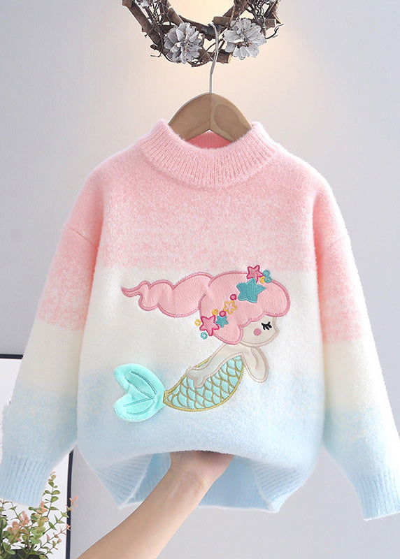 Gradient Color Pink Blue Warm Fleece Mermaid Cotton Knit Girls Sweaters Spring