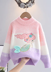 Gradient Color Pink Blue Warm Fleece Mermaid Cotton Knit Girls Sweaters Spring