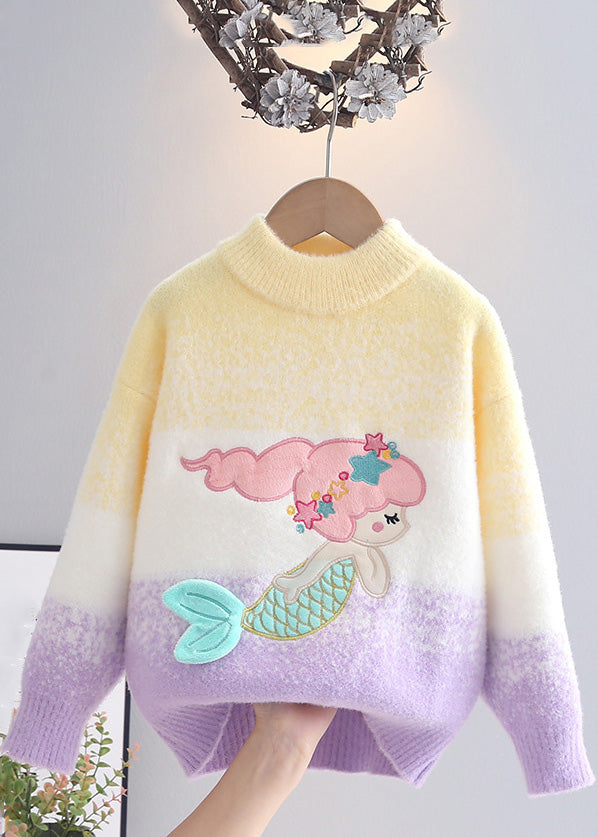 Gradient Color Pink Blue Warm Fleece Mermaid Cotton Knit Girls Sweaters Spring