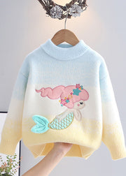 Gradient Color Pink Blue Warm Fleece Mermaid Cotton Knit Girls Sweaters Spring