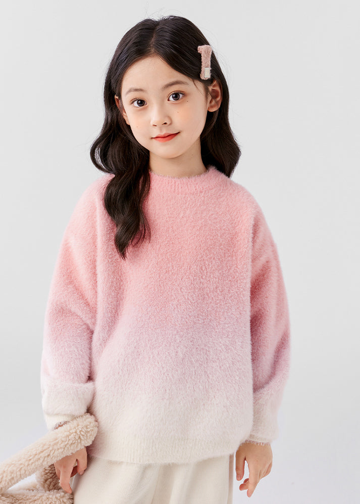 Gradient Color Pink O-Neck Mink Velvet Knit Girls Sweater Spring