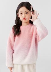 Gradient Color Pink O-Neck Mink Velvet Knit Girls Sweater Spring