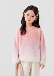 Gradient Color Pink O-Neck Mink Velvet Knit Girls Sweater Spring