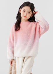 Gradient Color Pink O-Neck Mink Velvet Knit Girls Sweater Spring