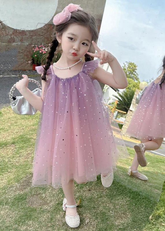 Gradient Color Pink O-Neck Sequins Tulle Girls Mid Dress Short Sleeve