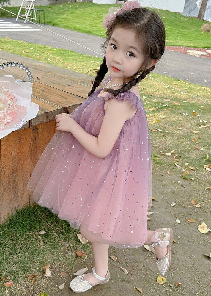 Gradient Color Pink O-Neck Sequins Tulle Girls Mid Dress Short Sleeve