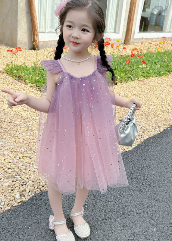 Gradient Color Pink O-Neck Sequins Tulle Girls Mid Dress Short Sleeve