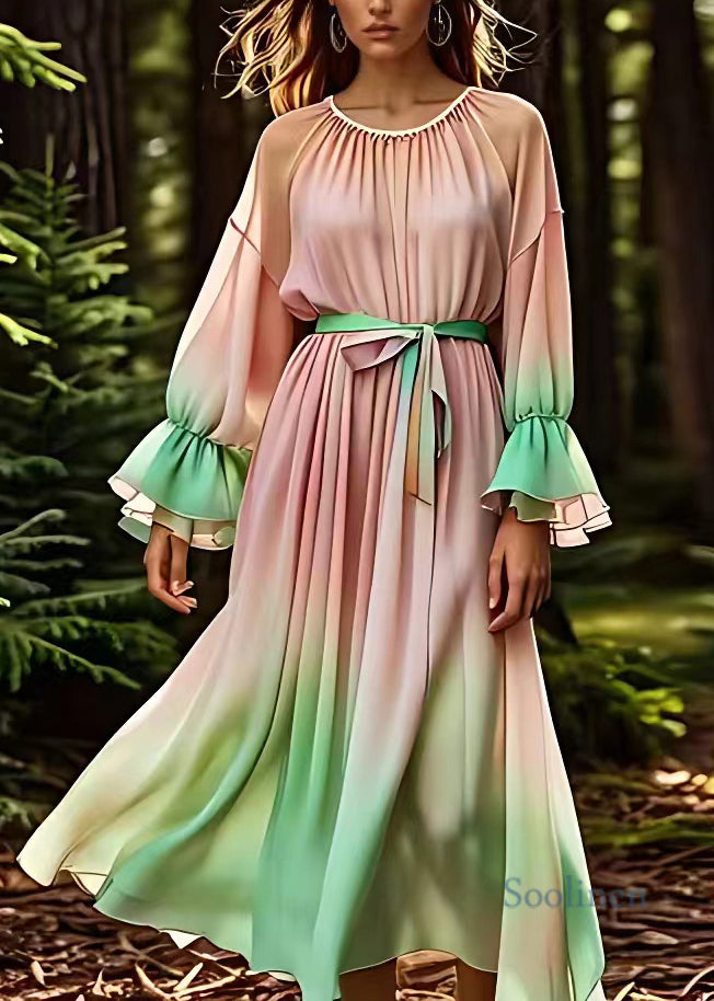 Gradient Color Pink O-Neck Tie Waist Silk Long Dress Fall