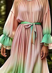 Gradient Color Pink O-Neck Tie Waist Silk Long Dress Fall