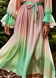 Gradient Color Pink O-Neck Tie Waist Silk Long Dress Fall