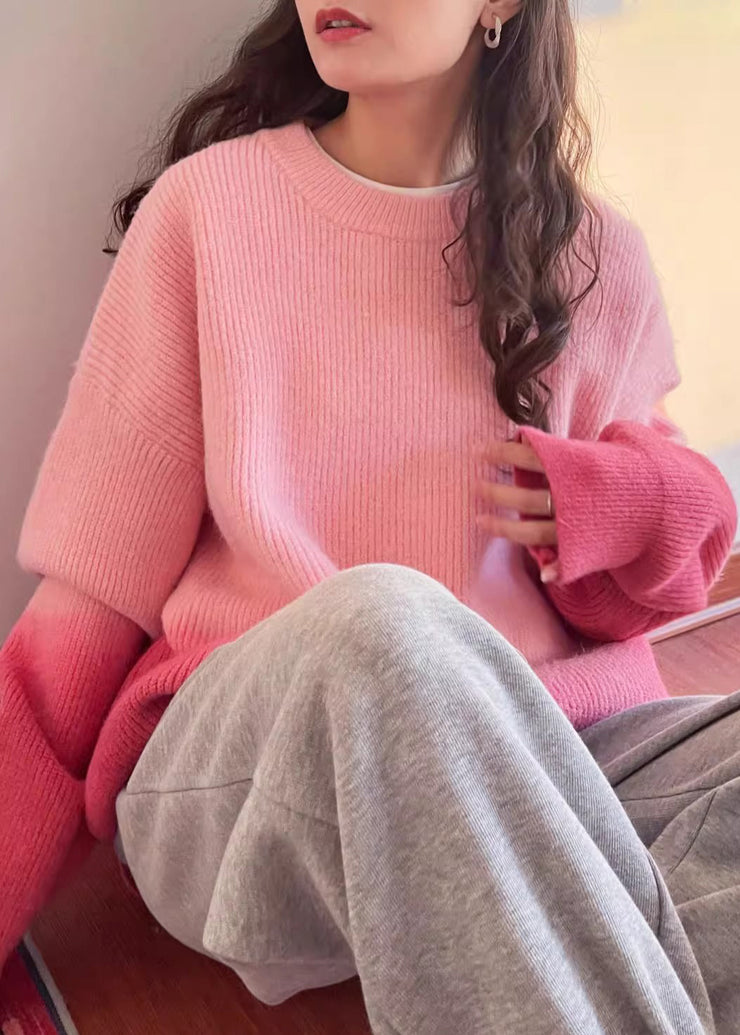 Gradient Color Pink Thick Cotton Knitted Sweater Winter