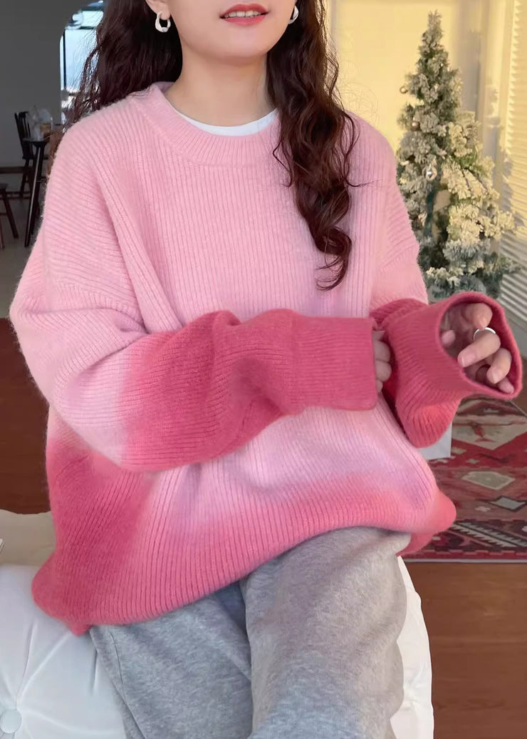 Gradient Color Pink Thick Cotton Knitted Sweater Winter