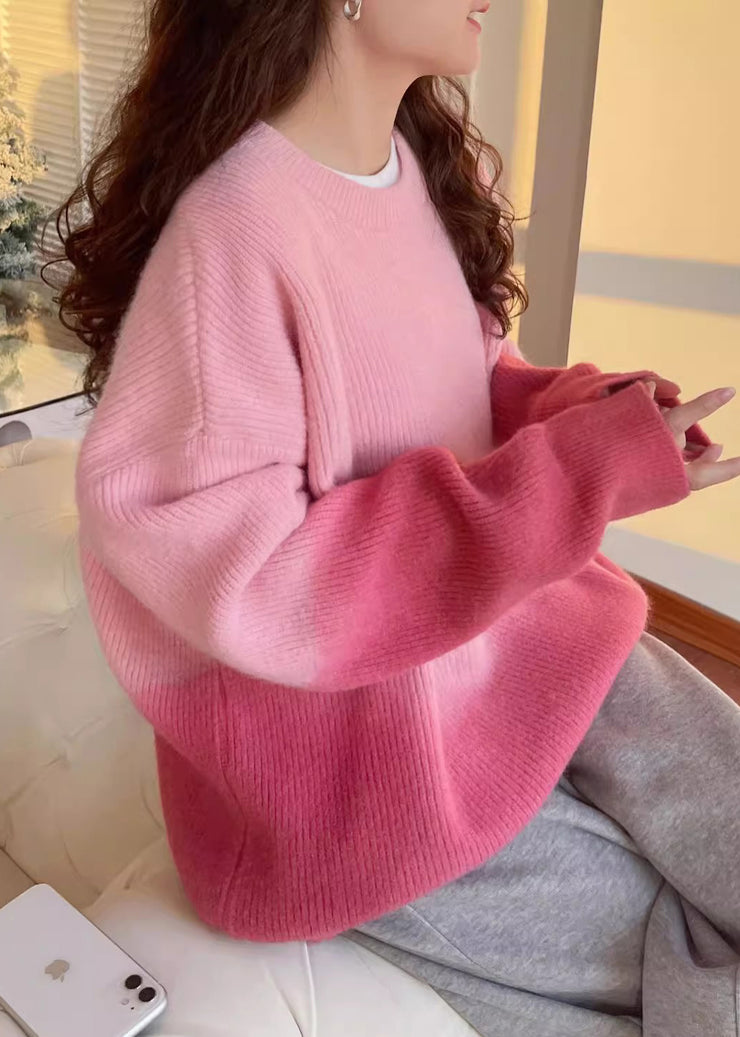 Gradient Color Pink Thick Cotton Knitted Sweater Winter