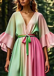 Gradient Color Pink Tie Waist Silk Maxi Dress Half Sleeve