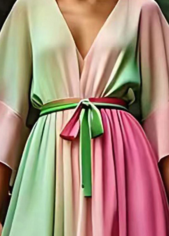 Gradient Color Pink Tie Waist Silk Maxi Dress Half Sleeve