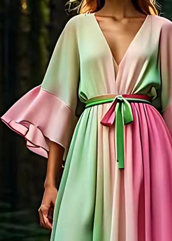 Gradient Color Pink Tie Waist Silk Maxi Dress Half Sleeve