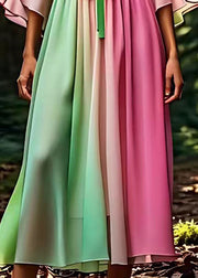 Gradient Color Pink Tie Waist Silk Maxi Dress Half Sleeve