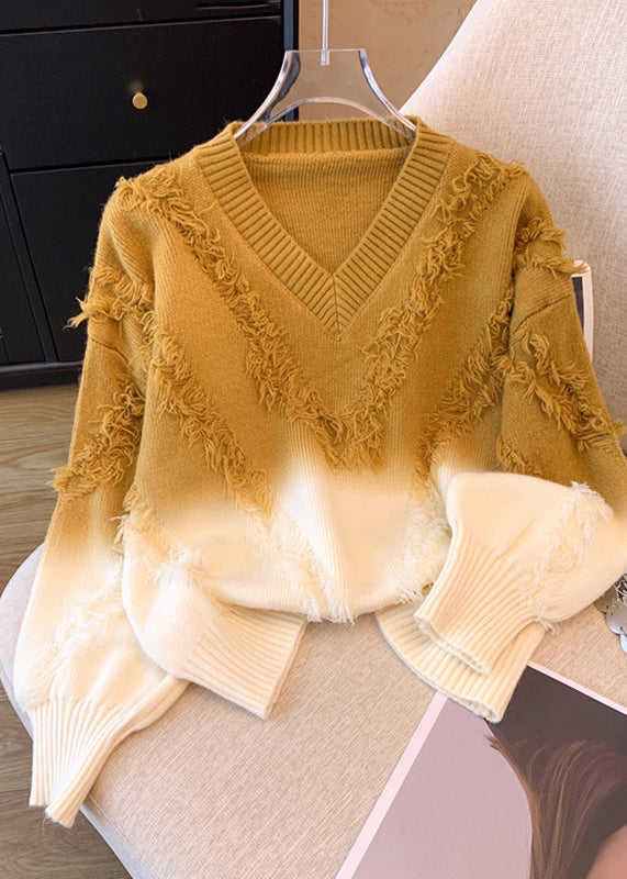 Gradient Color Pink V Neck Tassel Cotton Knit Sweater Tops Winter