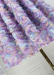 Gradient Color Purple Embroideried Floral Elastic Waist Tulle Maxi Skirt Long Sleeve