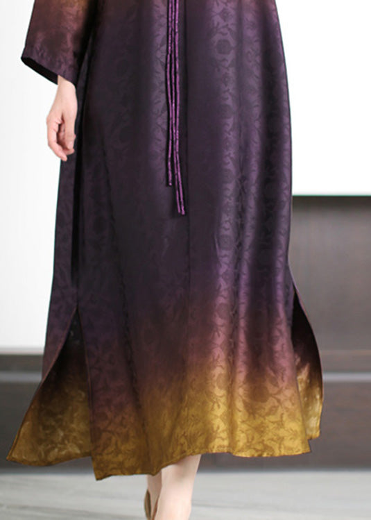 Gradient Color Purple Print Side Open Silk Maxi Dresses Summer