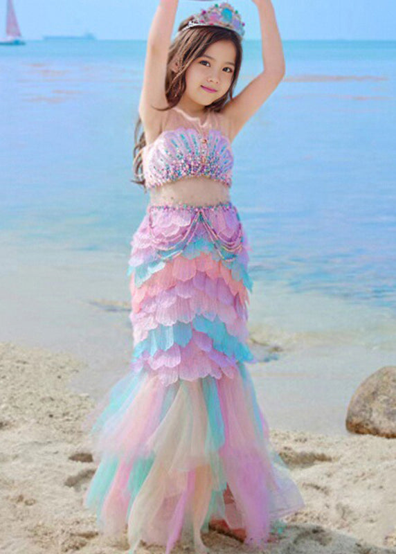 Gradient Color Rainbow O-Neck Sequins Tulle Girls Long Dresses Summer