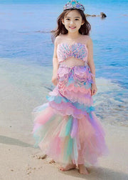 Gradient Color Rainbow O-Neck Sequins Tulle Girls Long Dresses Summer