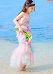 Gradient Color Rainbow O-Neck Sequins Tulle Girls Long Dresses Summer