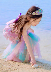 Gradient Color Rainbow O-Neck Sequins Tulle Girls Long Dresses Summer