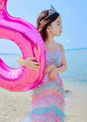 Gradient Color Rainbow O-Neck Sequins Tulle Girls Long Dresses Summer