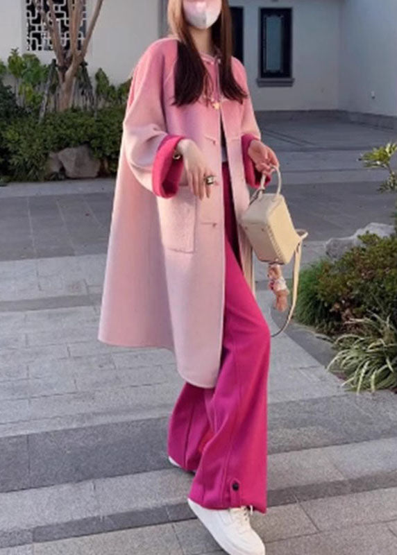 Gradient Color Rose Woolen Coats And Wide Leg Pants Two Pieces Set Fall