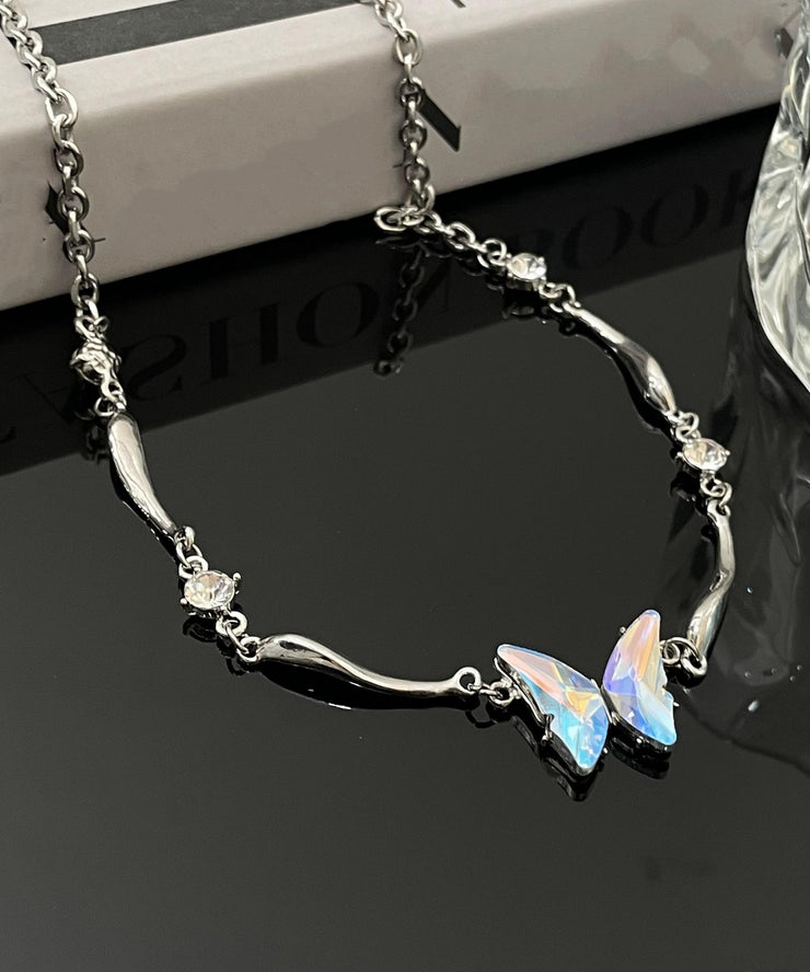 Gradient Color Silk Stainless Steel Butterfly Pendant Necklace