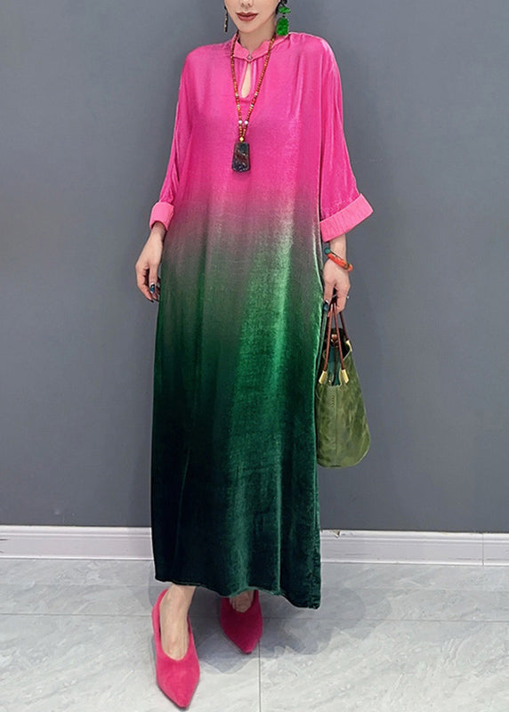Gradient Color Stand Collar Silk Velvet Maxi Dresses Fall