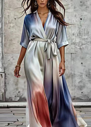 Gradient Color V Neck Silk Party Long Dress Short Sleeve