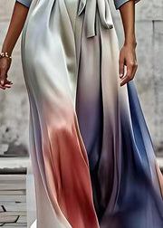 Gradient Color V Neck Silk Party Long Dress Short Sleeve