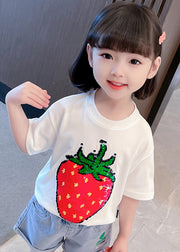 Gradient Color White O-Neck Strawberry Print Girls T Shirts Short Sleeve