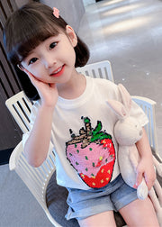 Gradient Color White O-Neck Strawberry Print Girls T Shirts Short Sleeve