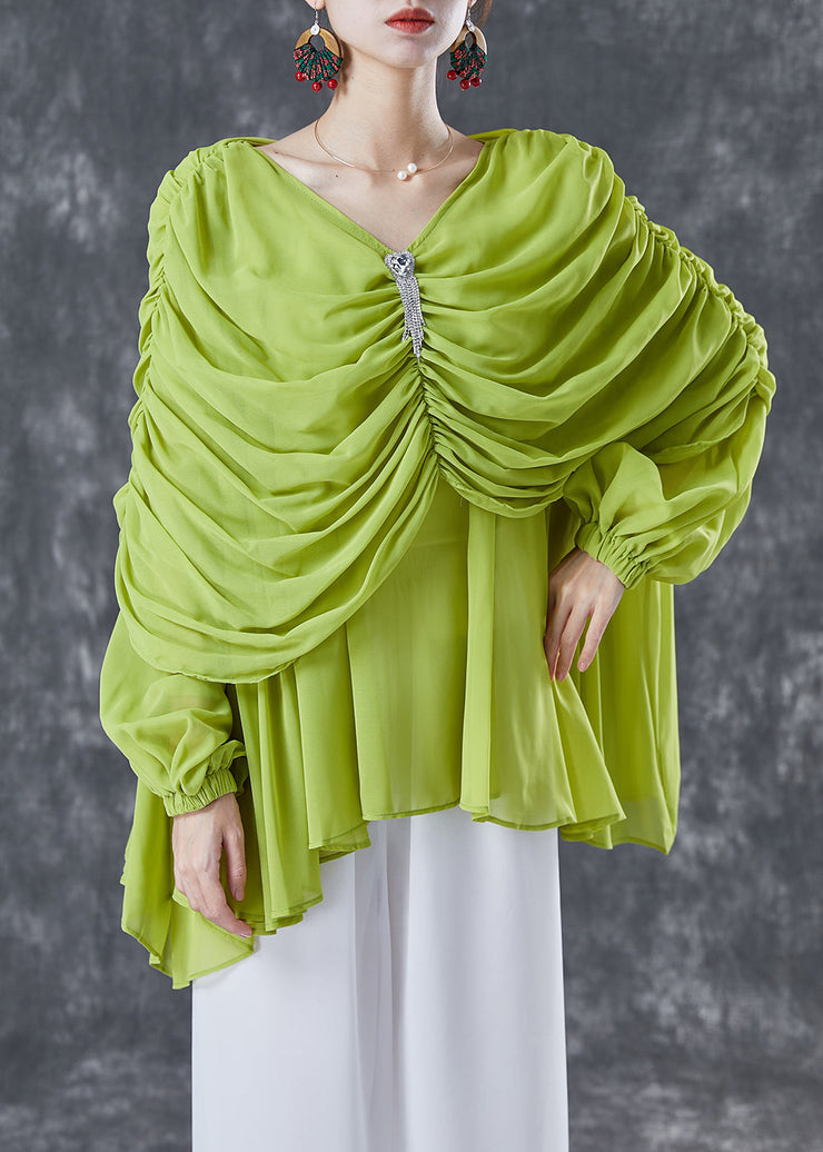 Grass Green Chiffon Blouses V Neck Wrinkled Summer