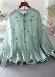 Grass Green Cotton Blouses Leaf Embroidered Spring