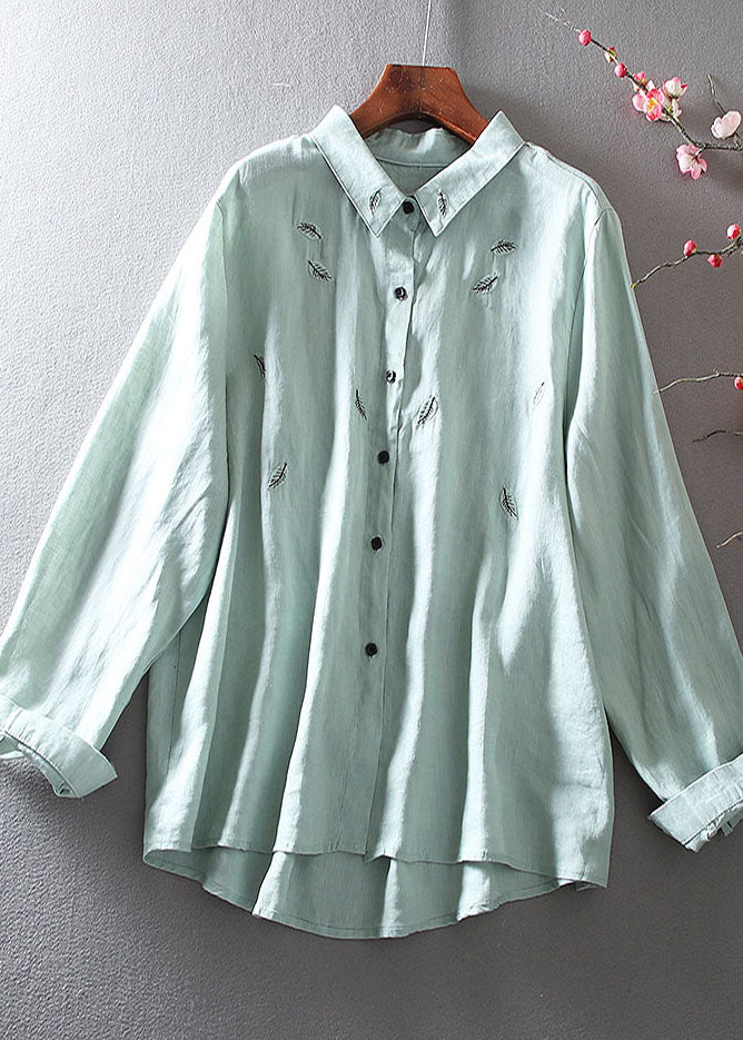 Grass Green Cotton Blouses Leaf Embroidered Spring