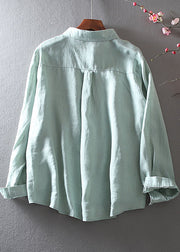 Grass Green Cotton Blouses Leaf Embroidered Spring