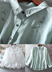 Grass Green Cotton Blouses Leaf Embroidered Spring