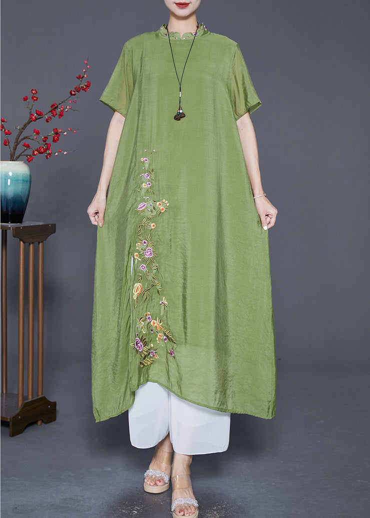 Grass Green Linen Silk Holiday Dress Embroidered Mandarin Collar Summer