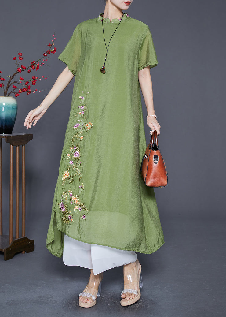 Grass Green Linen Silk Holiday Dress Embroidered Mandarin Collar Summer