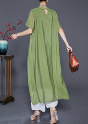 Grass Green Linen Silk Holiday Dress Embroidered Mandarin Collar Summer