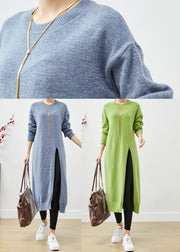 Grass Green Oversized Knit Sweater Dress Side Open Fall